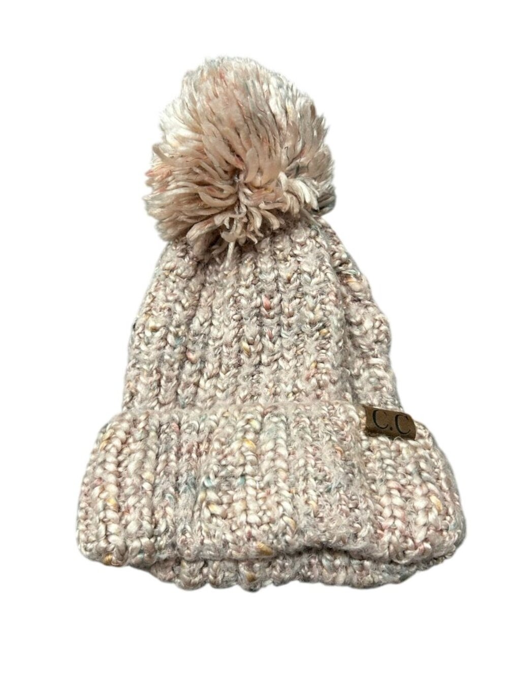 C.C One Size Knit Beanie Hat Pom Pom Multicolor Speckled Design Cozycore Winter